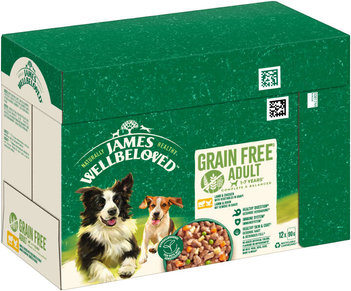 JAMES WELLBELOVED Hunde-Nassfutter Portionsbeutel Lamm+Huhn+Gemüse in Sauce